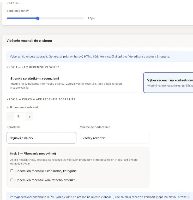 Embed recenzí produktů Shoptet