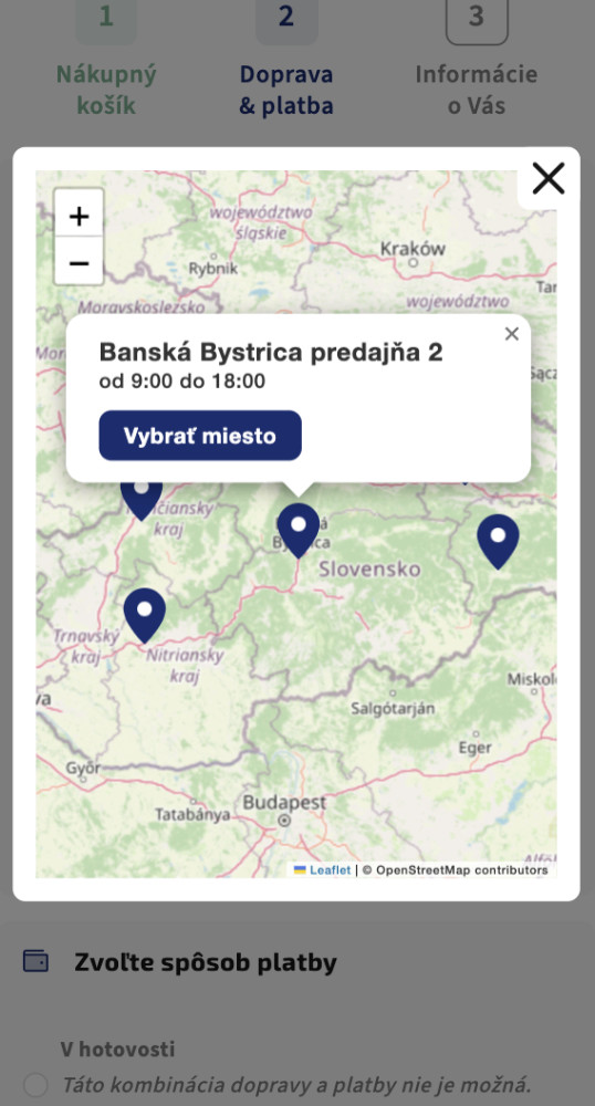 Mapa odberných miest Shoptet košík